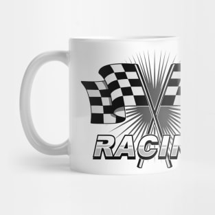 Checkered racing car flag with text Mug